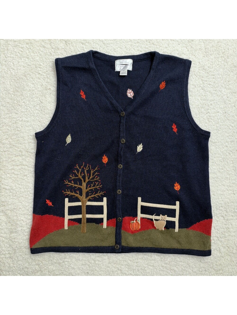 Christopher & Banks Sweater Vest Womens M Navy Blue Autumn Cat Pumpkin Grandma